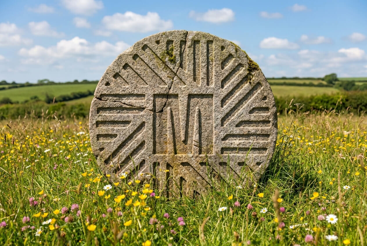 A carved millstone resting in a green field